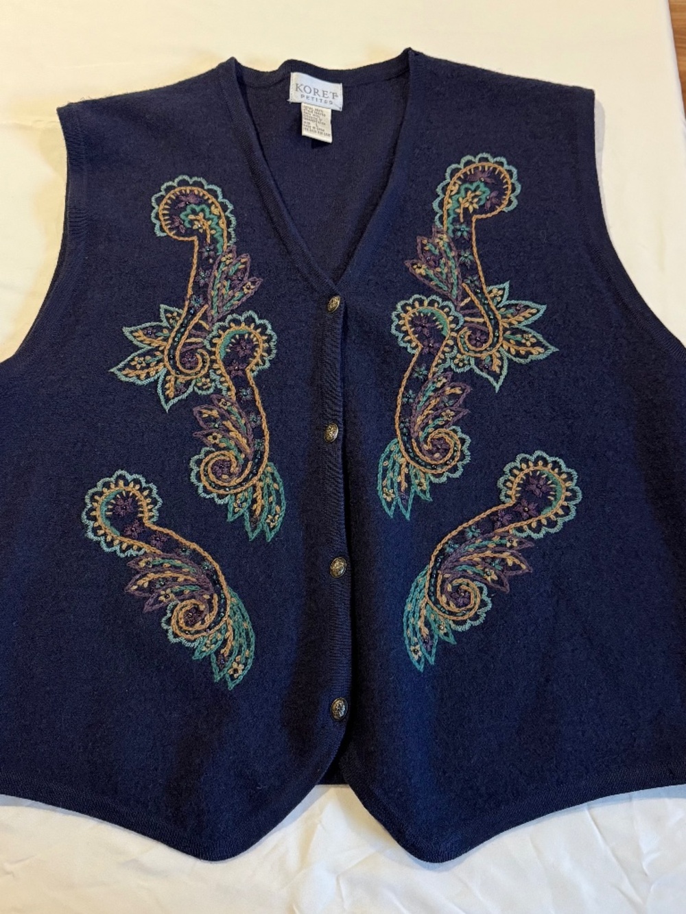 Vintage Koret Petites Embroidered Paisley 100% Wool Sweater Vest Petite Large